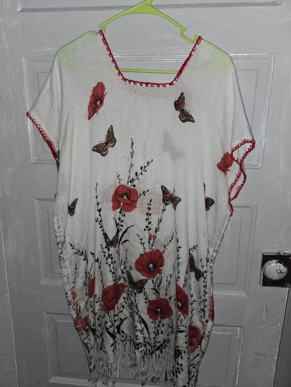 Mexican White Floral Butterfly Tunic with Red Trim